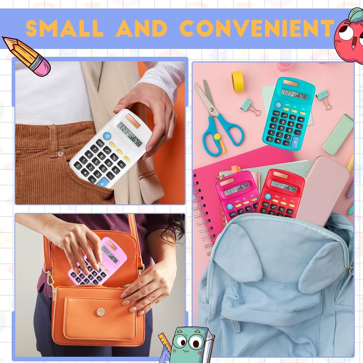 36 Packs Pocket Size Mini Calculator Basic Calculators for Handheld Angled Students 8 Digit Display Solar Battery Dual Power Small Calculator for Students Kids Home Office (12 Colors)