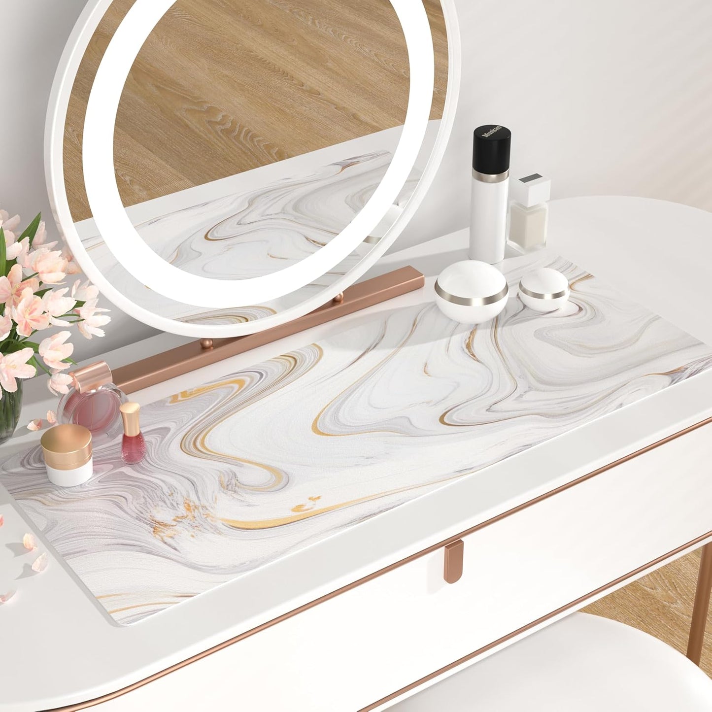 QIYI White Mouse Pad, Cute Marble Large Desk Mat, PU Leather Desk Protector Mousepad, Gold Grey Striped Waterproof Computer Keyboard Gaming Mouse Pads, Non Slip Extended Writing Pad 31.5" x 11.8"