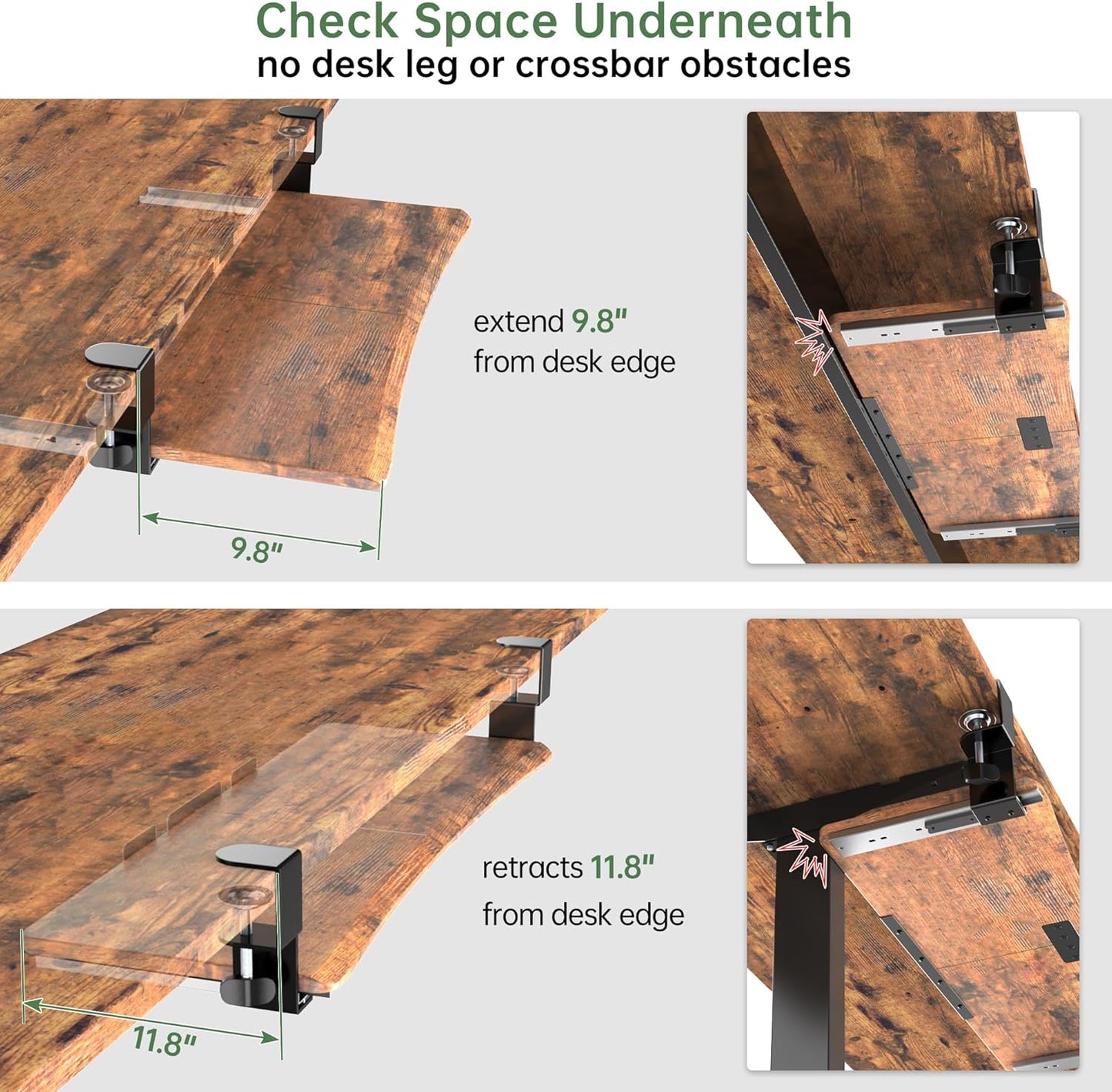 Extra Large Keyboard Tray Under Desk - Slide Out with Sturdy C-Clip Mount System, 31.5" (35.8" Including Clamps) x 11.8" Put-Out Keyboard Tray Computer Drawer, Rustic Vintage Brown
