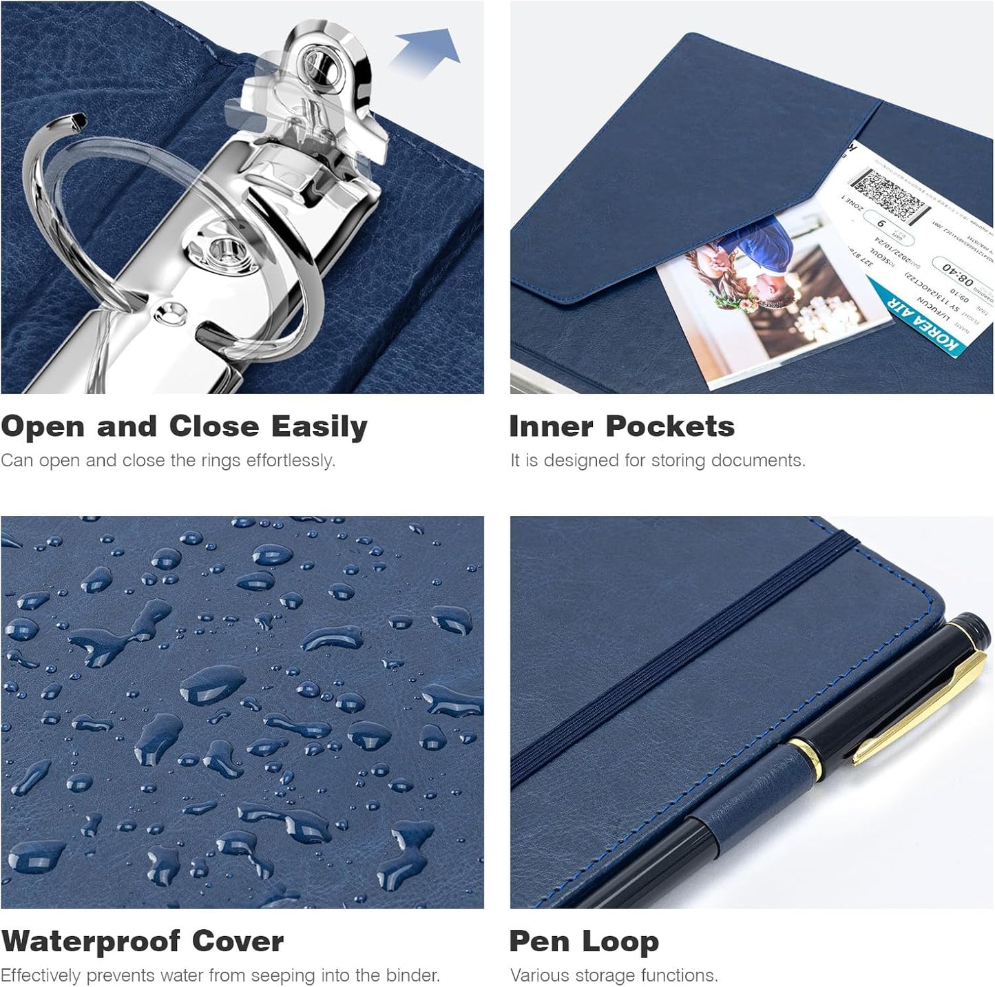 Ospelelf 3 Ring Binder With Clipboard 1 Inch Leather for Letter Size (8.5" x 11"), 5 Tab Dividers Office Supply, Dark Blue