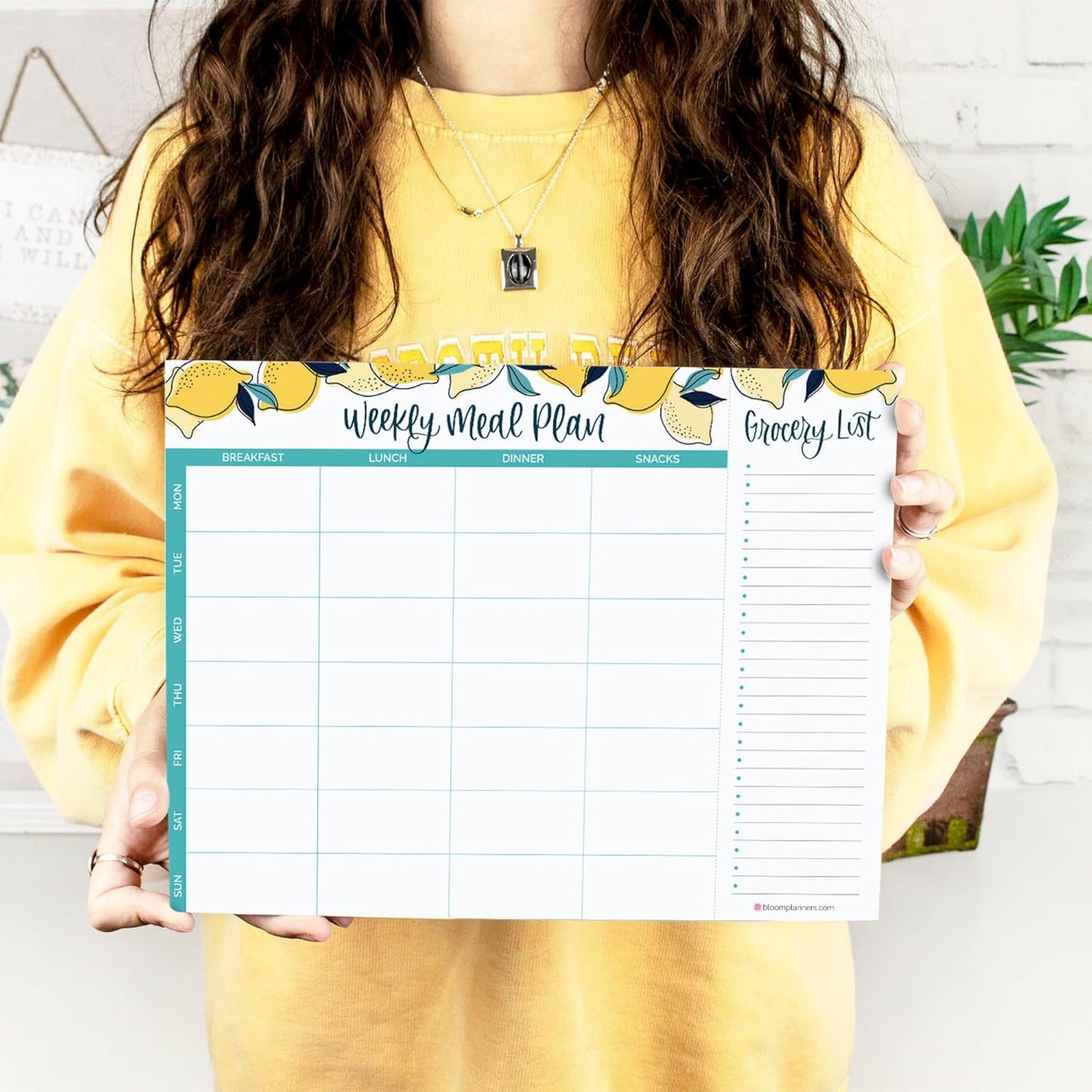 bloom daily planners Horizontal Weekly Magnetic Meal Planning Pad for Fridge with Tear-Off Grocery Shopping List - Hanging Food/Menu Organizer Notepad with Magnets - 8.5โ x 11โ - Lemons