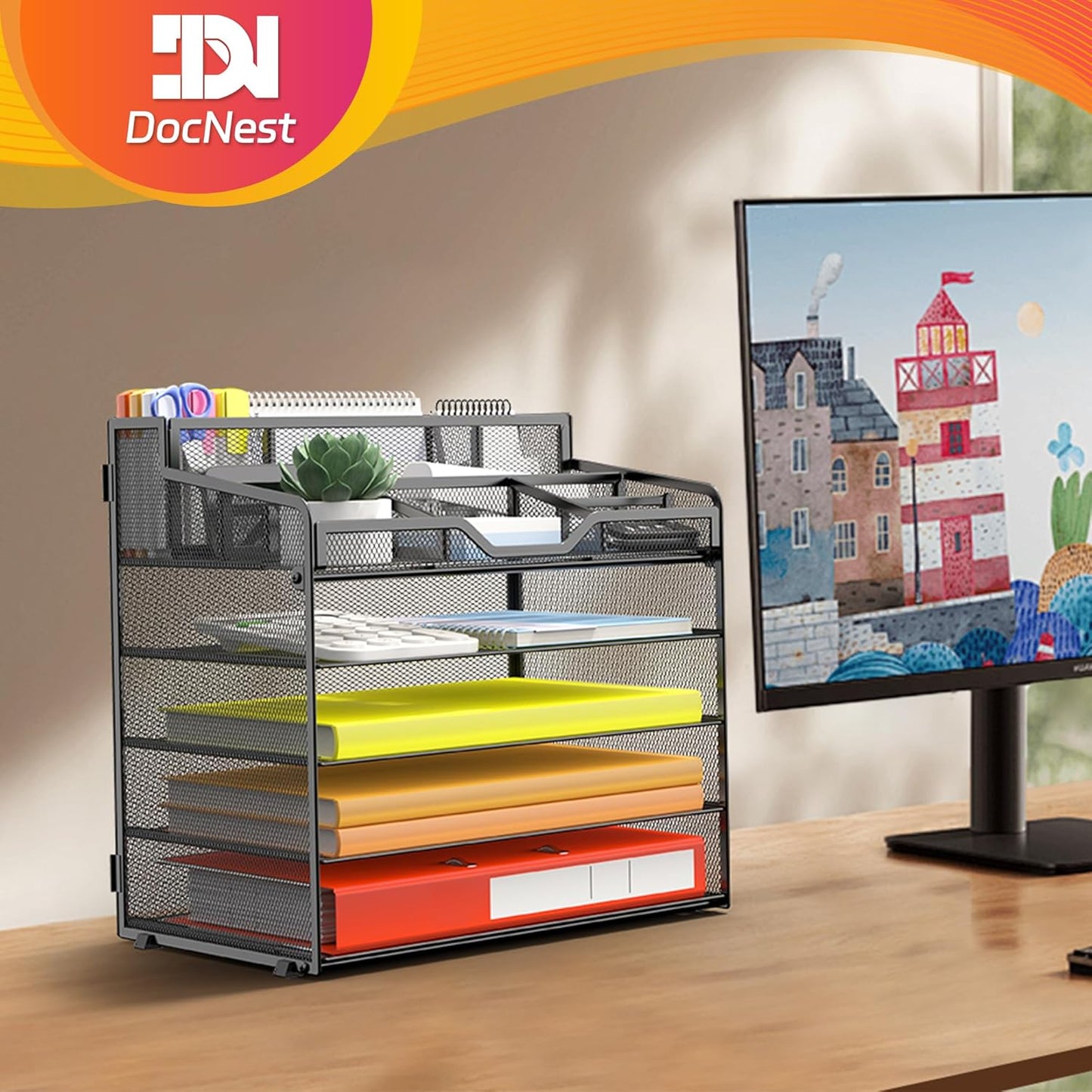 Docnest 5 Tier Mesh Desk Organizer for Paper Office Supplies – Multi-Functional Letter Tray with 5 Adjustable Compartments, 3 Pen Holders, Desktop Storage for Files, Mail, Stationery – Black