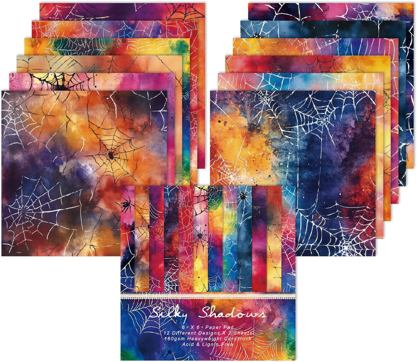 6x6 In Colorful Scrapbook Paper Pad - 24 Sheets Spiderweb Patterns Designed Decorative Decoupage Folded Card Making Material for Journals DIY Crafts Gift Wrapping Planners