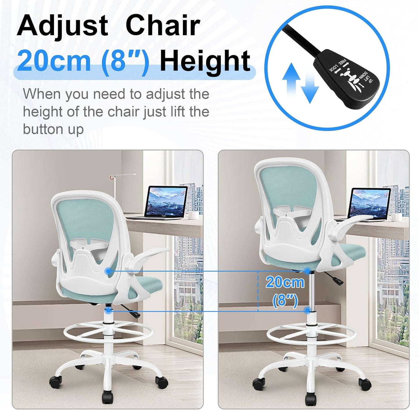 Primy Drafting Chair Tall Office Chair with Flip-up Armrests Executive Ergonomic Computer Standing Desk Chair with Lumbar Support and Adjustable Footrest Ring(Light Blue)