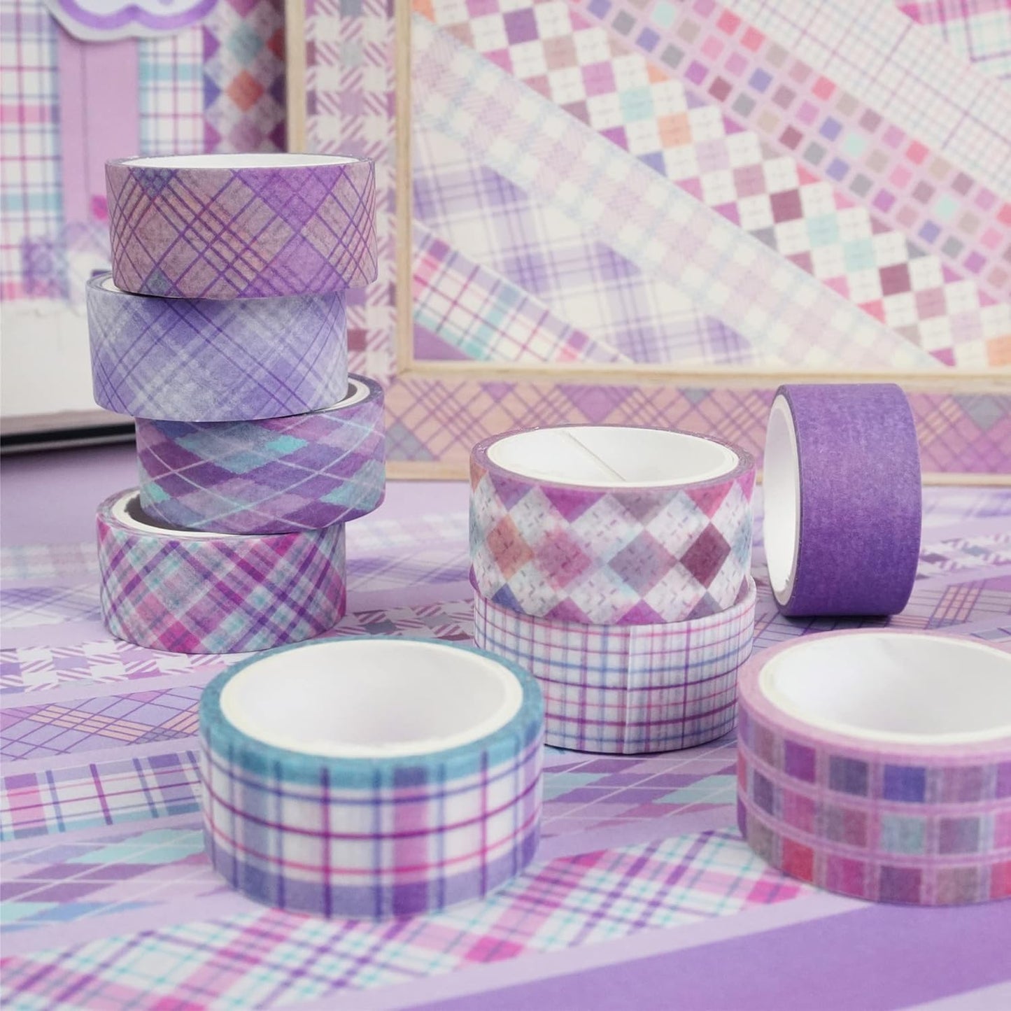 YUBX Basic Grid Washi Tape Set 12 Rolls Plaid Decorative Masking Tapes for Arts, DIY Crafts, Journals, Planners, Scrapbook, Wrapping (Purple)