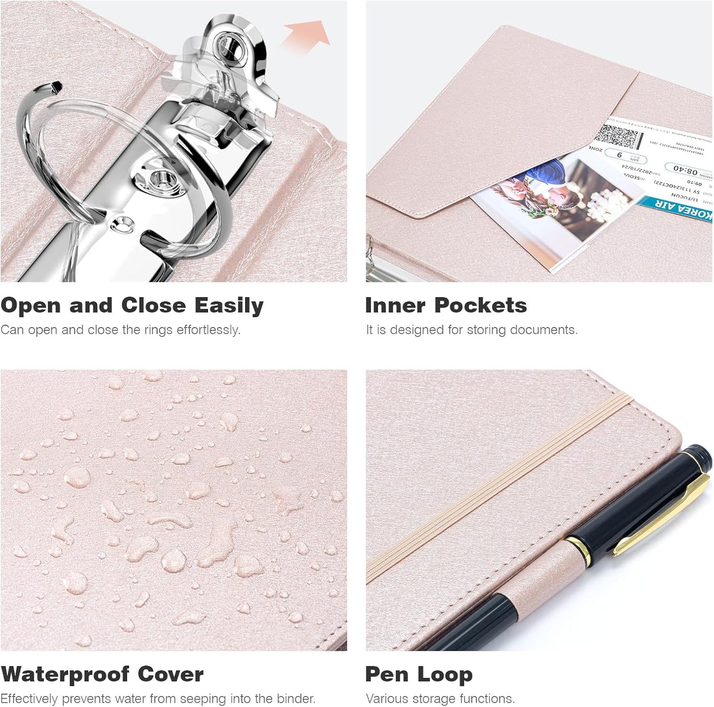 Ospelelf 3 Ring Binder with Clipboard, 1 Inch Leather, Letter Size (8.5" x 11"), Clipboard Binder with 5 Tab Dividers, Rose Gold