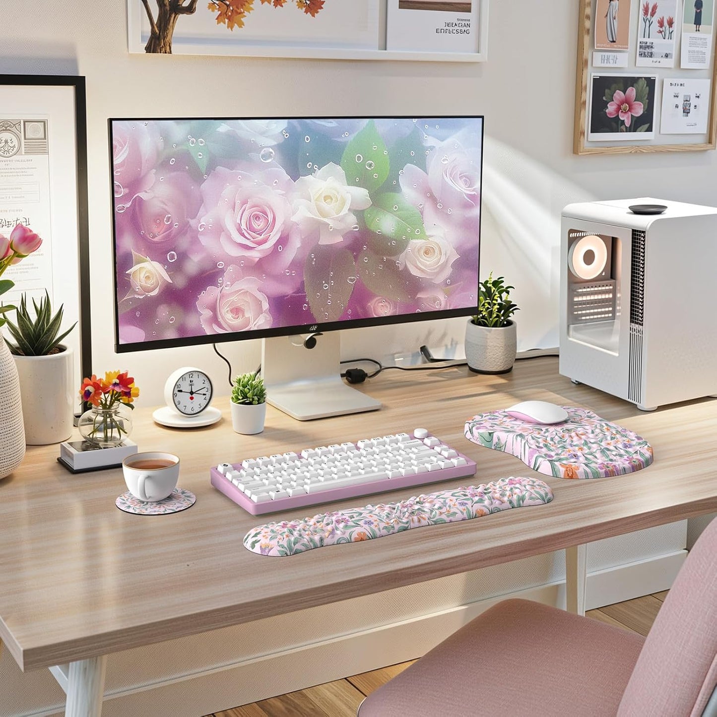 HAOCOO Mouse Pad with Wrist Rest Set, 3-in-1 Wrist Support Set, Floral Gaming Mousepad with Anti-Slip Base, Ergonomic Mouse Pad, Memory Foam Keyboard Gel Wrist Rest(Purple)