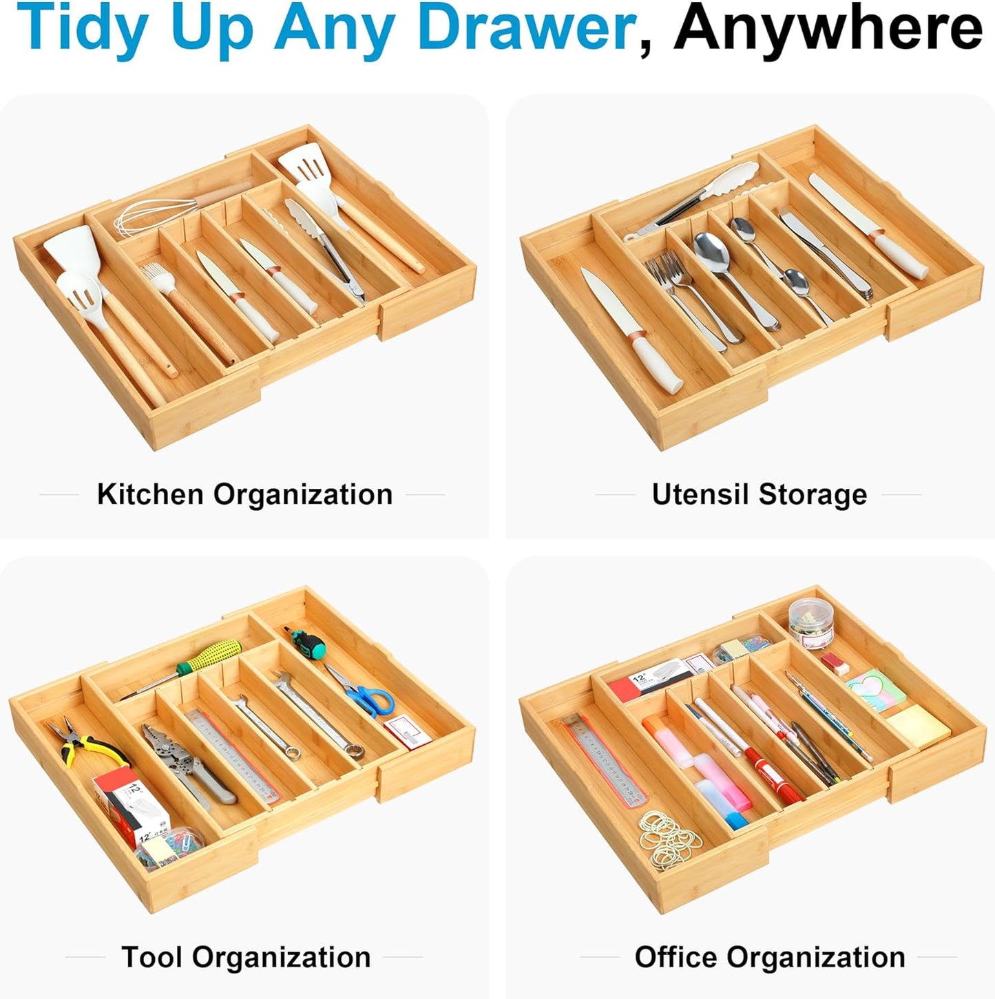 Bamboo Expandable Silverware Organizer - Adjustable Cutlery Tray with 3 Removable Dividers & 5 Tracks, Drawer Organizer for Utensils, Stationery, Tools (12.6" to 20.5")