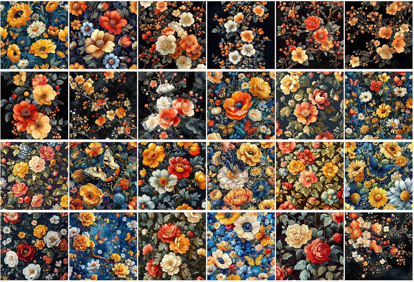 FLONZ Scrapbook Paper (24 sheets 6"x6") Bold Blossom Harmony ~ A vivid collection of richly colored floral illustrations in painterly decorative style with dark backgrounds ornate botanical detail