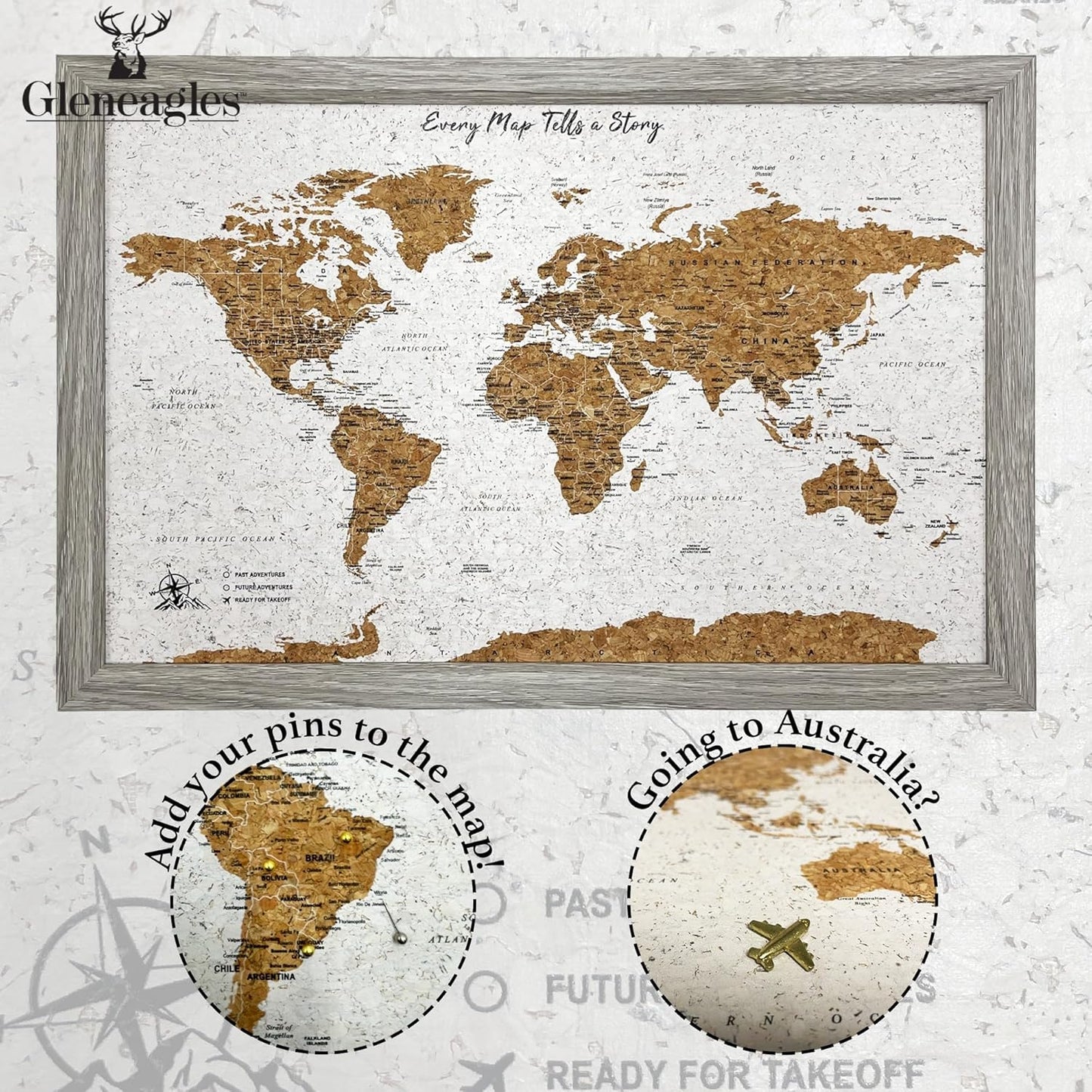 World Map Pin Board Travel Map Gray Frame | Framed Pinboard | Cork Wooden Design | 70 Push Pins Included | 14.2'' x 21.2'' Personalised Home Wanderlust Decor for Travelers