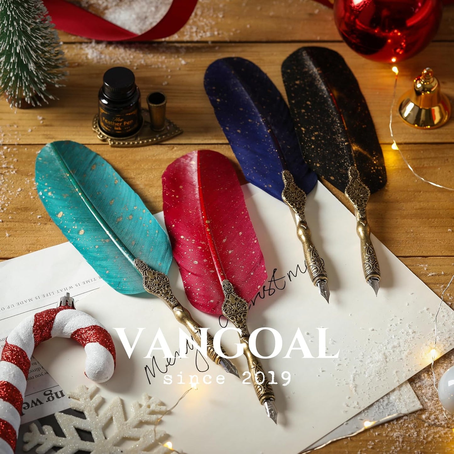 VANGOAL Vintage Carving Feather Pen Set, Glittering Quill Pen Set Antique Calligraphy Writing Dip Pen with Ink, 2 Replacement Nibs, Pen Stand Base, Luxury Vintage Signature Pen (Red)