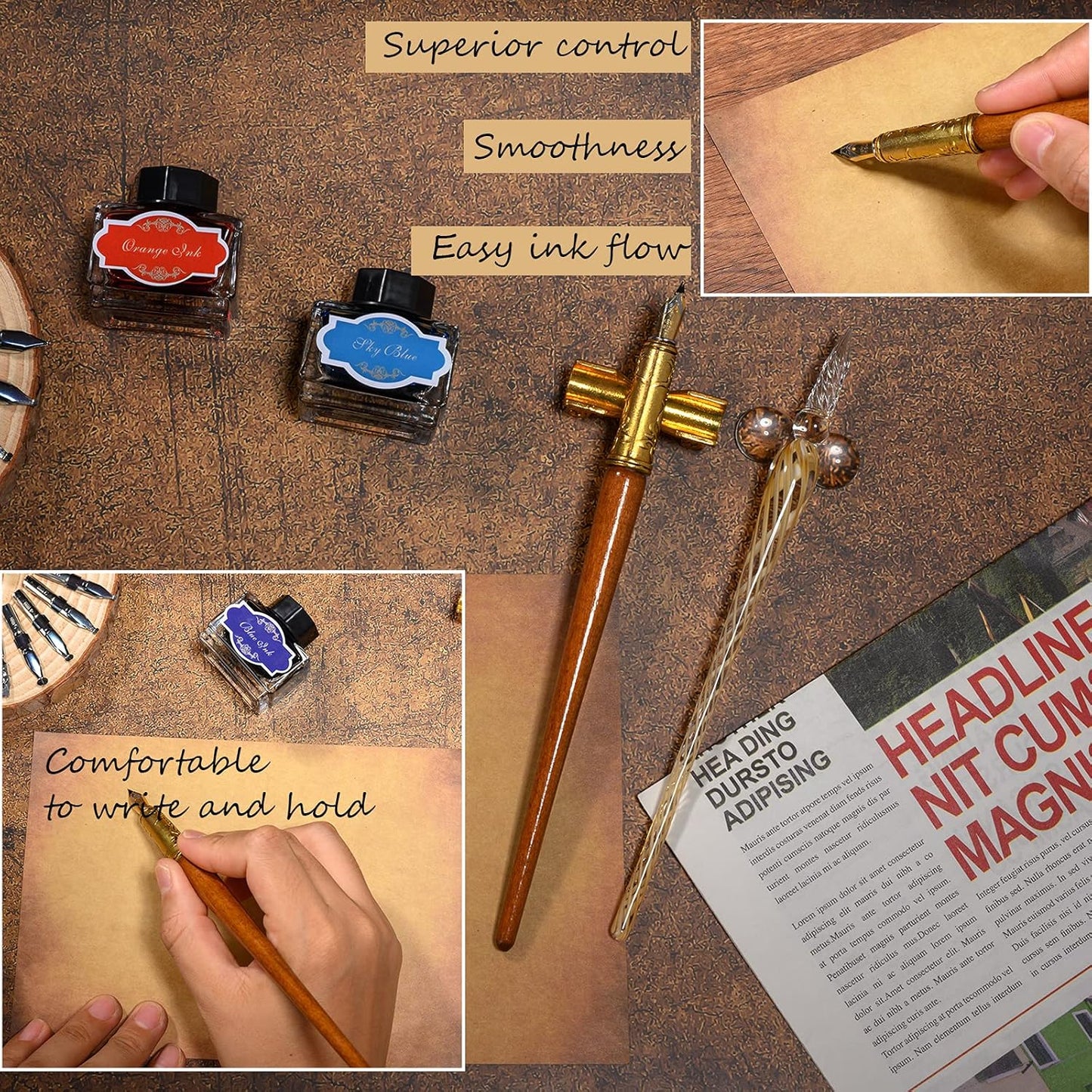 Calligraphy Pen Set,Vintage Fountain Wooden Glass Dip Pen Ink Writing Pen with 8 Colors of Ink 10 Types of Replaceable Nibs 2 Pen Holders Exquisite Present for Beginners