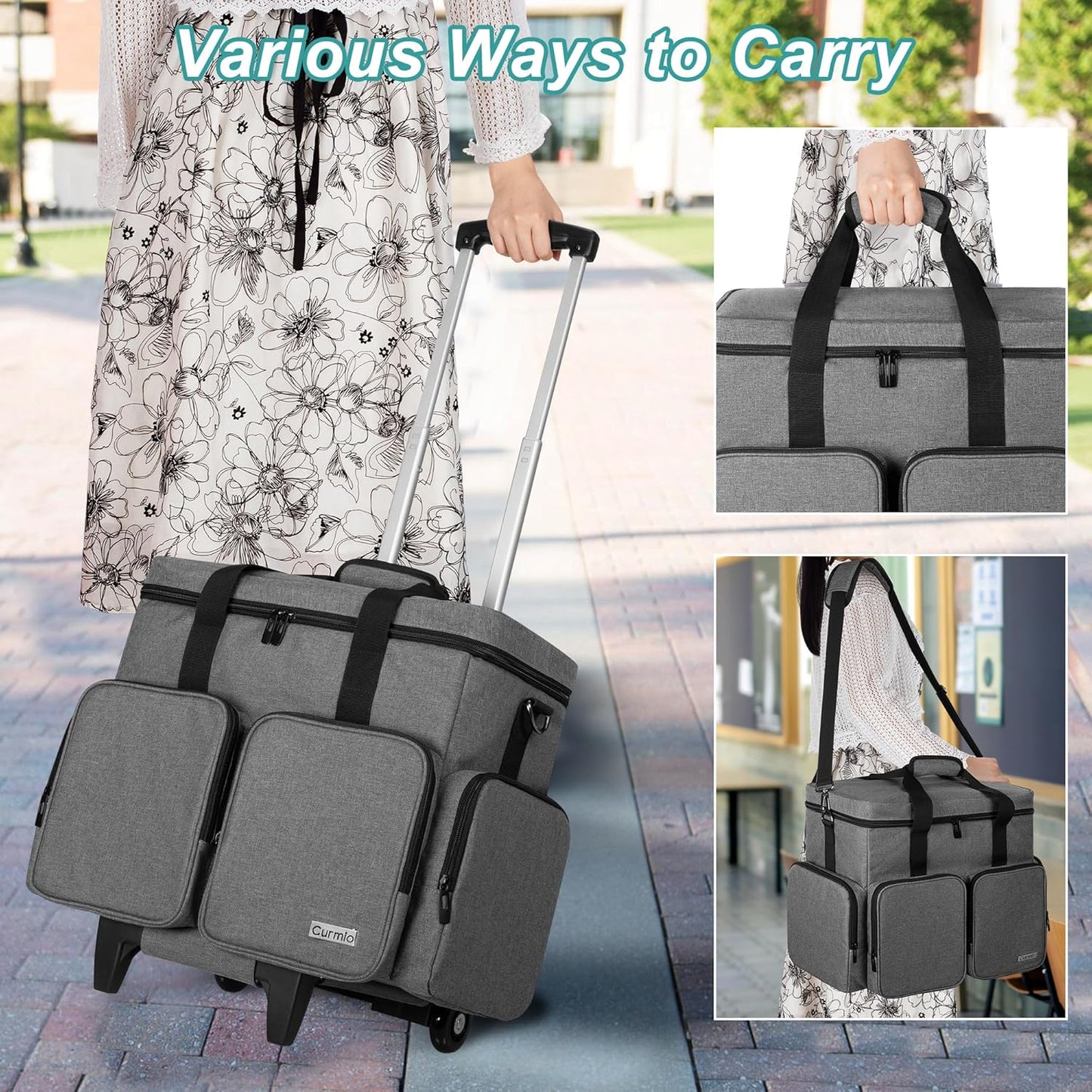 CURMIO Rolling Teacher Tote Bag with Padded Laptop Compartment for up to 15.6 Inches Laptop, Wheeled Teacher Bag for Teaching, Office, Craft, Gray