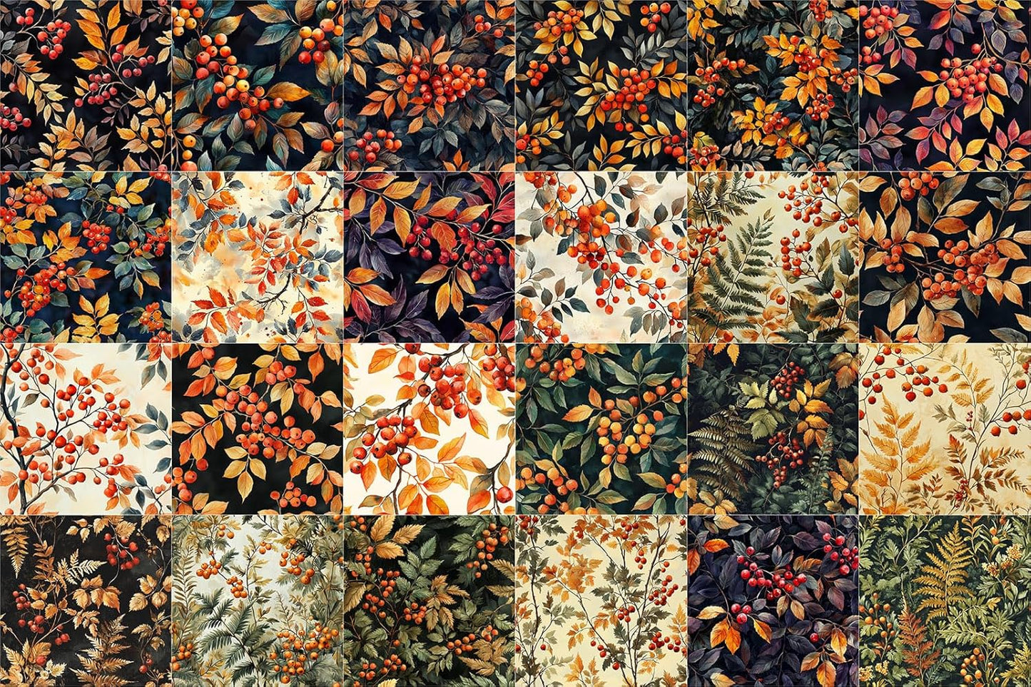FLONZ Scrapbook Paper (24 sheets 6"x6") Autumn Berries Tapestry ~ A warm-toned series of botanical illustrations featuring berries and foliage in painterly style with vintage-inspired textures hues