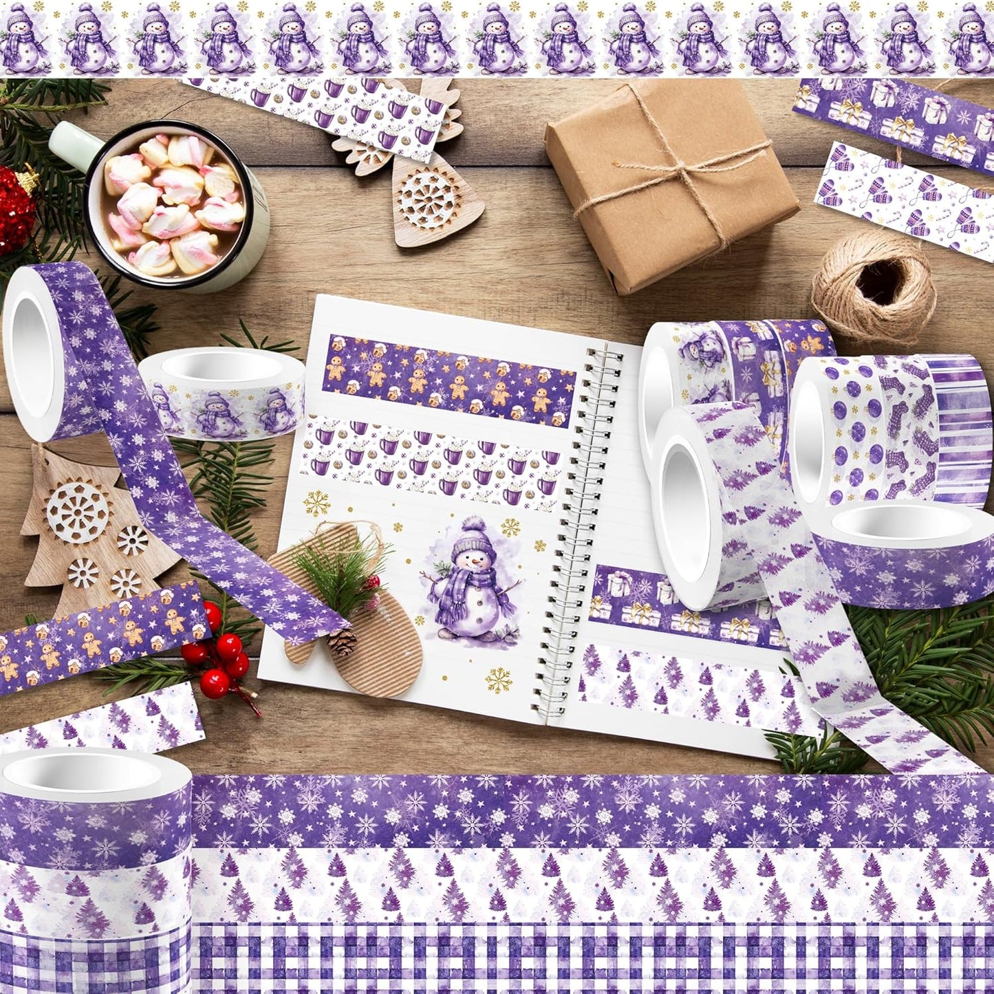 12 Pcs Purple Christmas Washi Tape Watercolor Xmas Pattern Masking Tape Decorations Purple Christmas Decorative Paper Sticker for Vintage Journals, Planners, DIY Craft Gift Wrapping