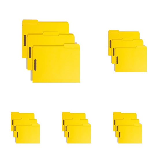 Smead Fastener File Folders, 50 Count, Yellow, Reinforced 1/3-Cut Tabs, 2 Fasteners, Letter Size (12940) (Pack of 5)