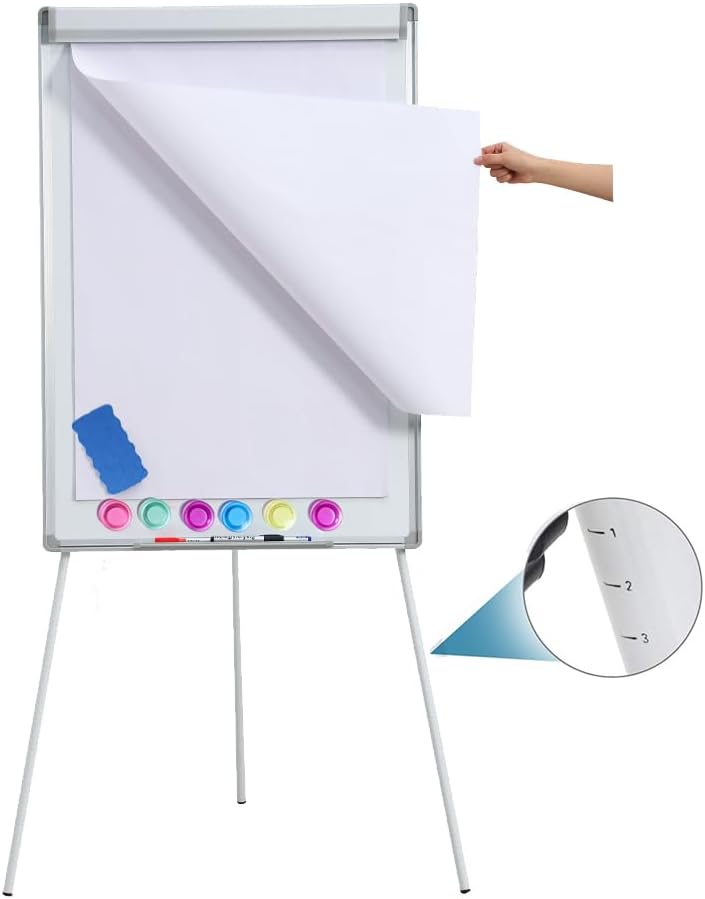 Magnetic Whiteboard Easel Tripod Stand 40 x 28 Inch with Flipchart Paper Pad (25 Sheets) - Height Adjustable Portable Dry Erase Board for Office Meetings, Training & Classroom