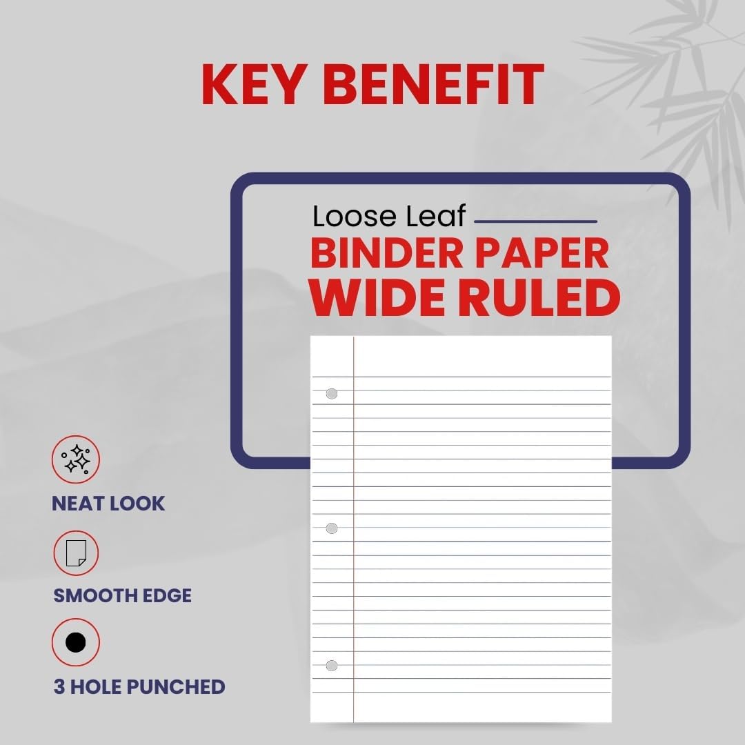 Loose Leaf Paper, Lined Notebook Paper, Wide Ruled Filler Paper, 150 Sheets, 3-Hole Punched, 10.5” x 8”, Binder Paper for Notetaking, Case Pack of 36