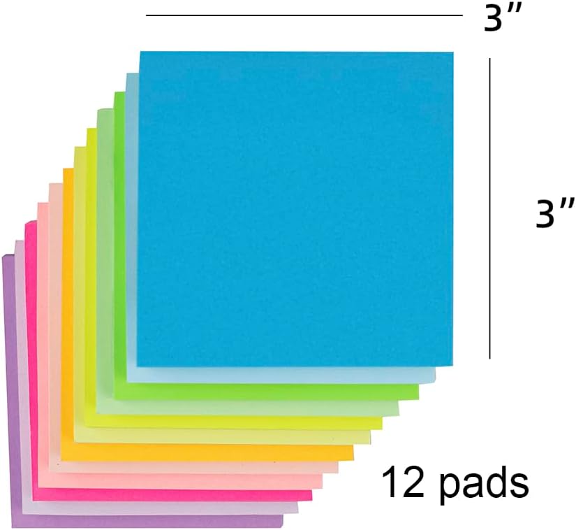 (12 Pads) Sticky Notes 3x3 Inches,Bright Colors Self-Stick Pads, Easy to Post for Home, Office, Notebook