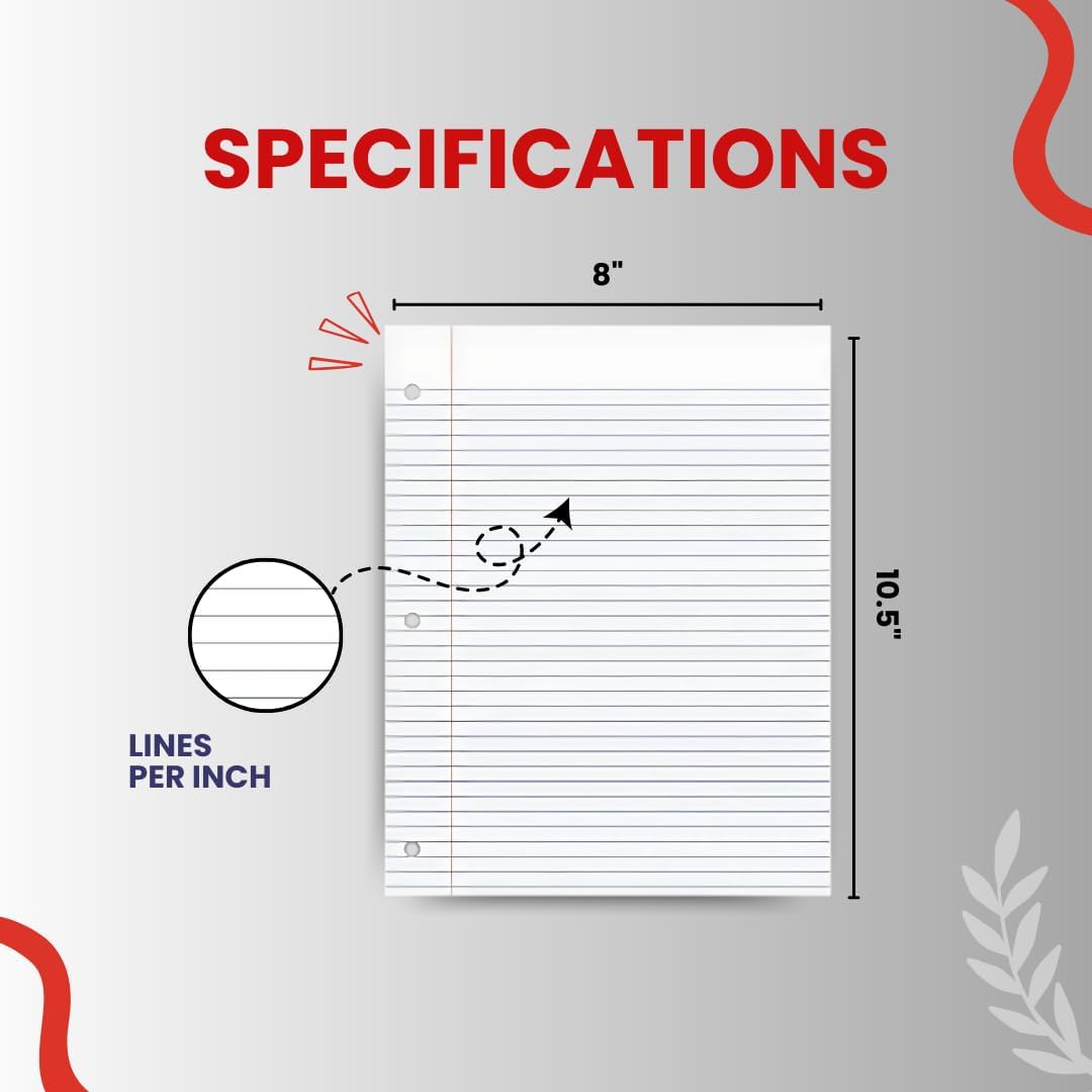 Loose Leaf Paper, Lined Notebook Paper, College Ruled Filler Paper, 100 Sheets, 3-Hole Punched, 10.5” x 8”, Binder Paper for Notetaking, Case Pack of 48