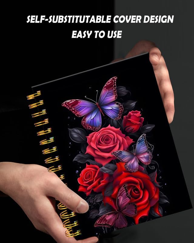 Spiral Journal Notebook for Women,A5 College Ruled Notebooks 6"x 8.4", 120 Pages (60 Sheets) Lined Journal with Premium Thick Paper,Perfect for School Office Home(Red Butterfly Rose Floral)