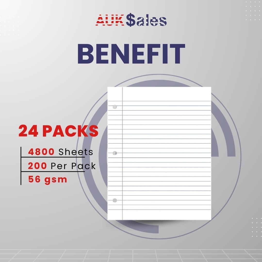 Loose Leaf Paper, Lined Notebook Paper, Wide Ruled Filler Paper, 200 Sheets, 3-Hole Punched, 10.5” x 8”, Binder Paper for Notetaking, Case Pack of 24