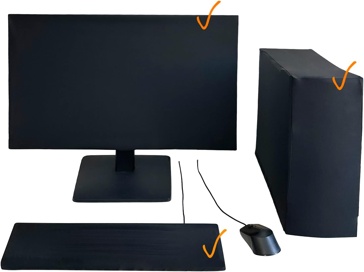 3-Piece Computer Dust Cover Set - Waterproof & Dustproof with Elastic Fabric, Pure Black Minimalist Design, Includes mainframe Case, Keyboard & 19-27 Inch Monitor Covers , Universal Fit