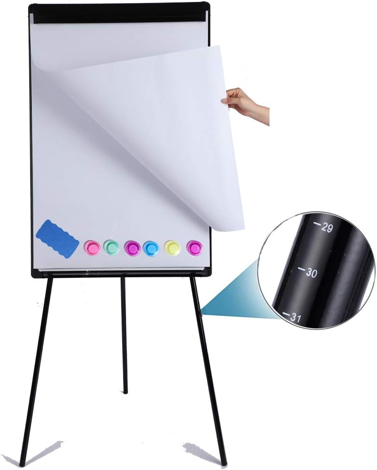 Dry Erase Easel 36" x 24", Height Adjustable Magnetic White Board with Tripod Stand, Office Presentation Board with 25 Sheets Flipchart Paper Pad, Magnets & Eraser, Black