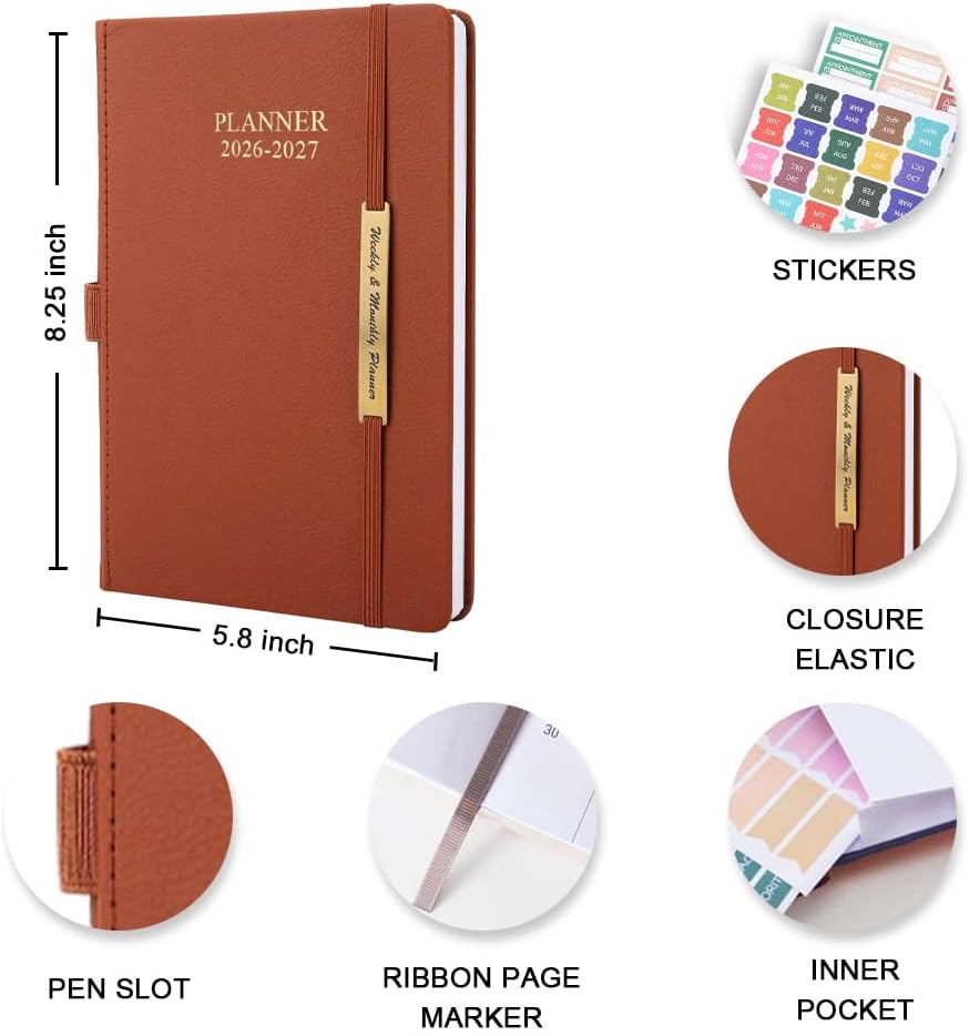 Cheericome Planner 2026-2027, Month Weekly Planner Run JAN 2026 to JUN 2027, 26-27 Planner with Pen Loop, Back Pocket and Stickers, 18 Months Planners, Brown Monthly Planners 2026-2027