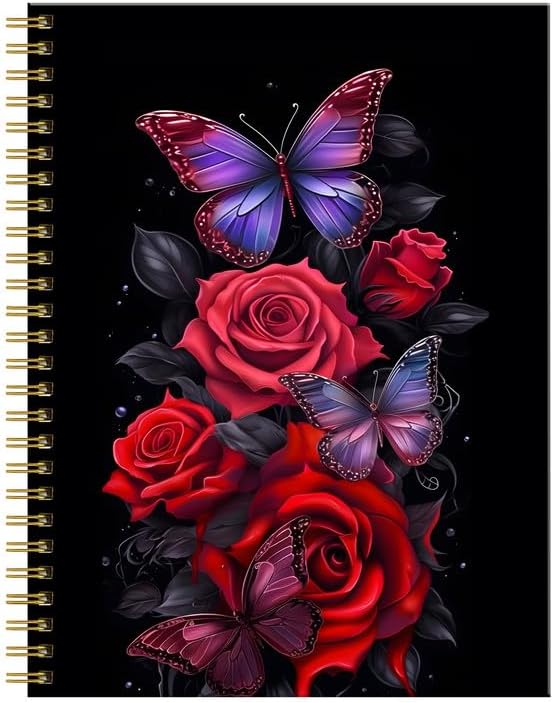 Spiral Journal Notebook for Women,A5 College Ruled Notebooks 6"x 8.4", 120 Pages (60 Sheets) Lined Journal with Premium Thick Paper,Perfect for School Office Home(Red Butterfly Rose Floral)