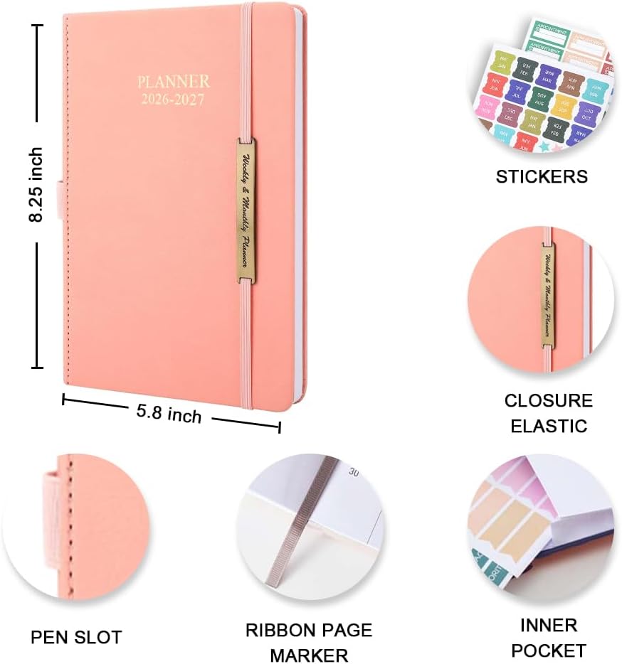 Cheericome Planner 2026-2027, Month Weekly Planner Run JAN 2026 to JUN 2027, 26-27 Planner with Pen Loop, Back Pocket and Stickers, 18 Months Planners, Rose Monthly Planners 2026-2027
