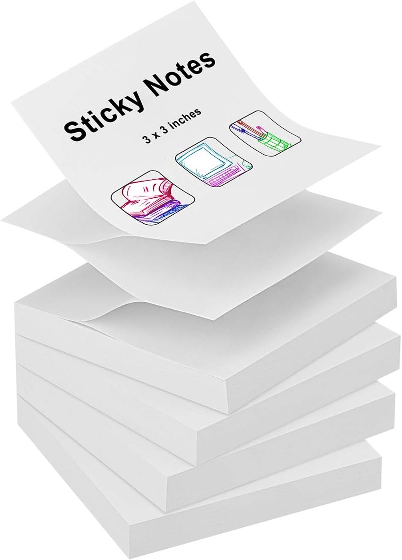 ZCZN 400 Sheets Pop-up Sticky Notes, 3 x 3 Inches, 4 Pads Bright Color Self-Stick Notes, 100 Sheets/Pad, White