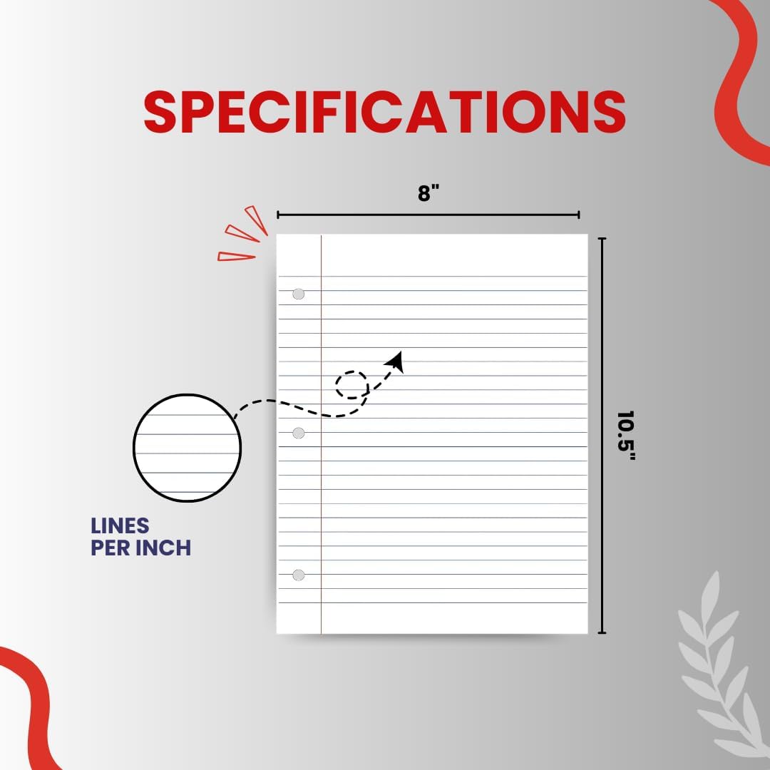 Loose Leaf Paper, Lined Notebook Paper, Wide Ruled Filler Paper, 100 Sheets, 3-Hole Punched, 10.5” x 8”, Binder Paper for Notetaking, Case Pack of 48