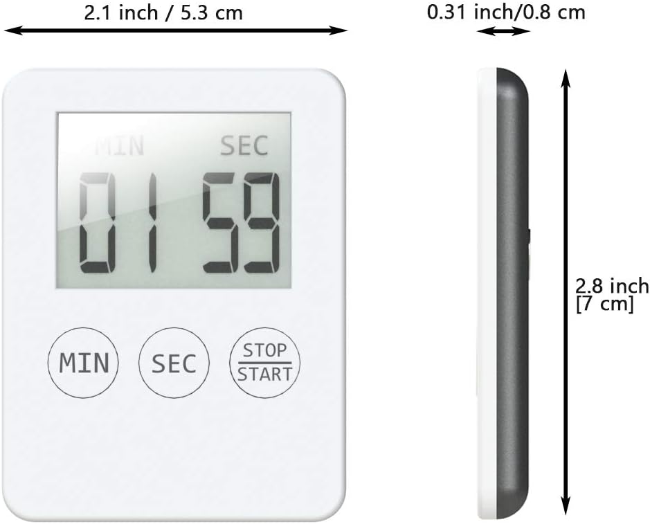 Attom Tech 2 PCS Ultra Slim Digital Kitchen Timer with Loud Alarm and Magnet Back, Large Display, Small Thin Mini Countdown Up Timer for Cooking Baking Sports Nap Games Office, White