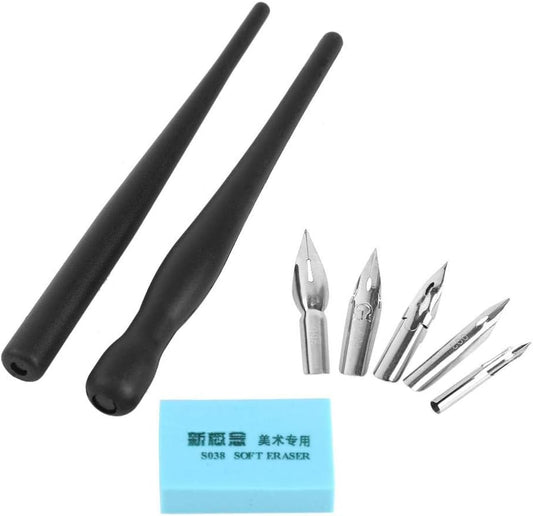 Yosoo 1 Set Cartoon Comic Dip Pen, Calligraphy Pen Writing Kit Anime Nib Drawing Painting Tools with 5 Interchangable Nibs, 2 Pen Holders and 1 Eraser