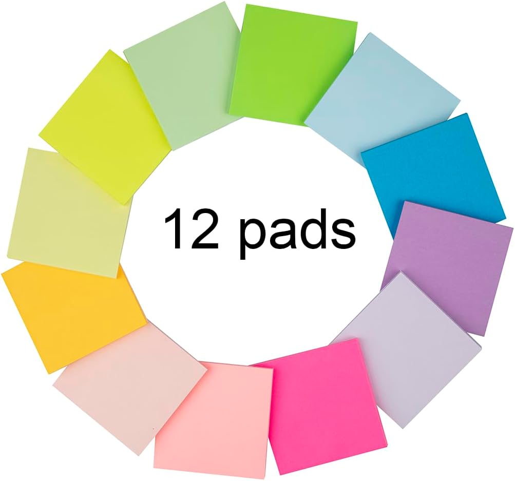 (12 Pads) Sticky Notes 3x3 Inches,Bright Colors Self-Stick Pads, Easy to Post for Home, Office, Notebook