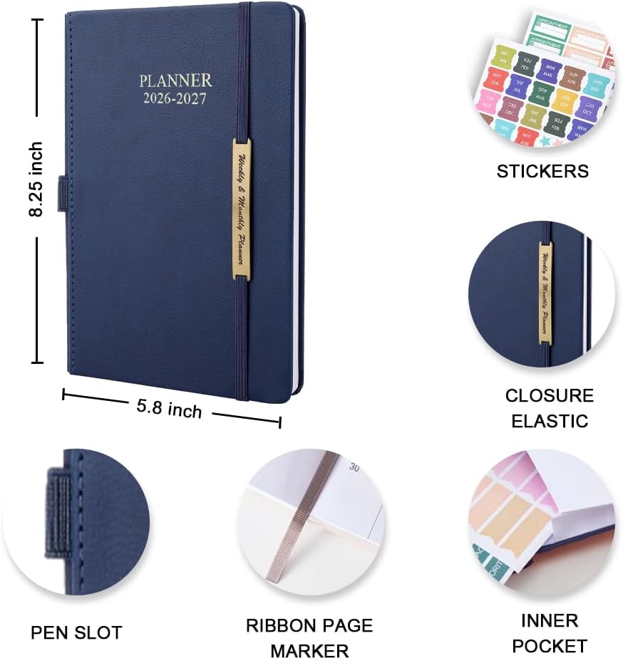 Cheericome Planner 2026-2027, Month Weekly Planner Run JAN 2026 to JUN 2027, 26-27 Planner with Pen Loop, Back Pocket and Stickers, 18 Months Planners, Blue Monthly Planners 2026-2027