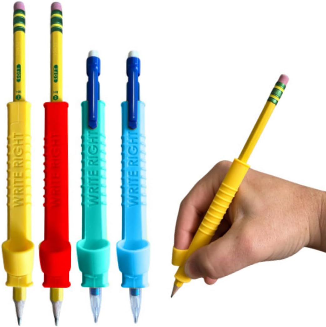 Write Right Learning Pencil Sleeves – Soft Textured Silicone Grip for Handwriting Support and Silent Fidgeting – Sensory-Friendly Tool for Students, Teachers, Therapists, and All Ages – 4 Pack