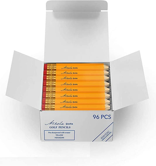 Mini Golf Pencils With Erasers - 96 Count - Classic Pre-Sharpened #2 HB American Pew Pencils Standard Hex Shaped Bulk Pack