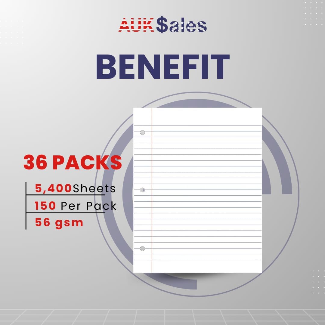 Loose Leaf Paper, Lined Notebook Paper, Wide Ruled Filler Paper, 150 Sheets, 3-Hole Punched, 10.5” x 8”, Binder Paper for Notetaking, Case Pack of 36