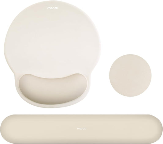 MOSISO Wrist Rest Support for Mouse Pad&Keyboard Set, Circle Curved Ergonomic Mousepad&Coaster Non-Slip Base Home/Office Pain Relief&Easy Typing Pad with Soft Cloth&Silicone Lining, Khaki