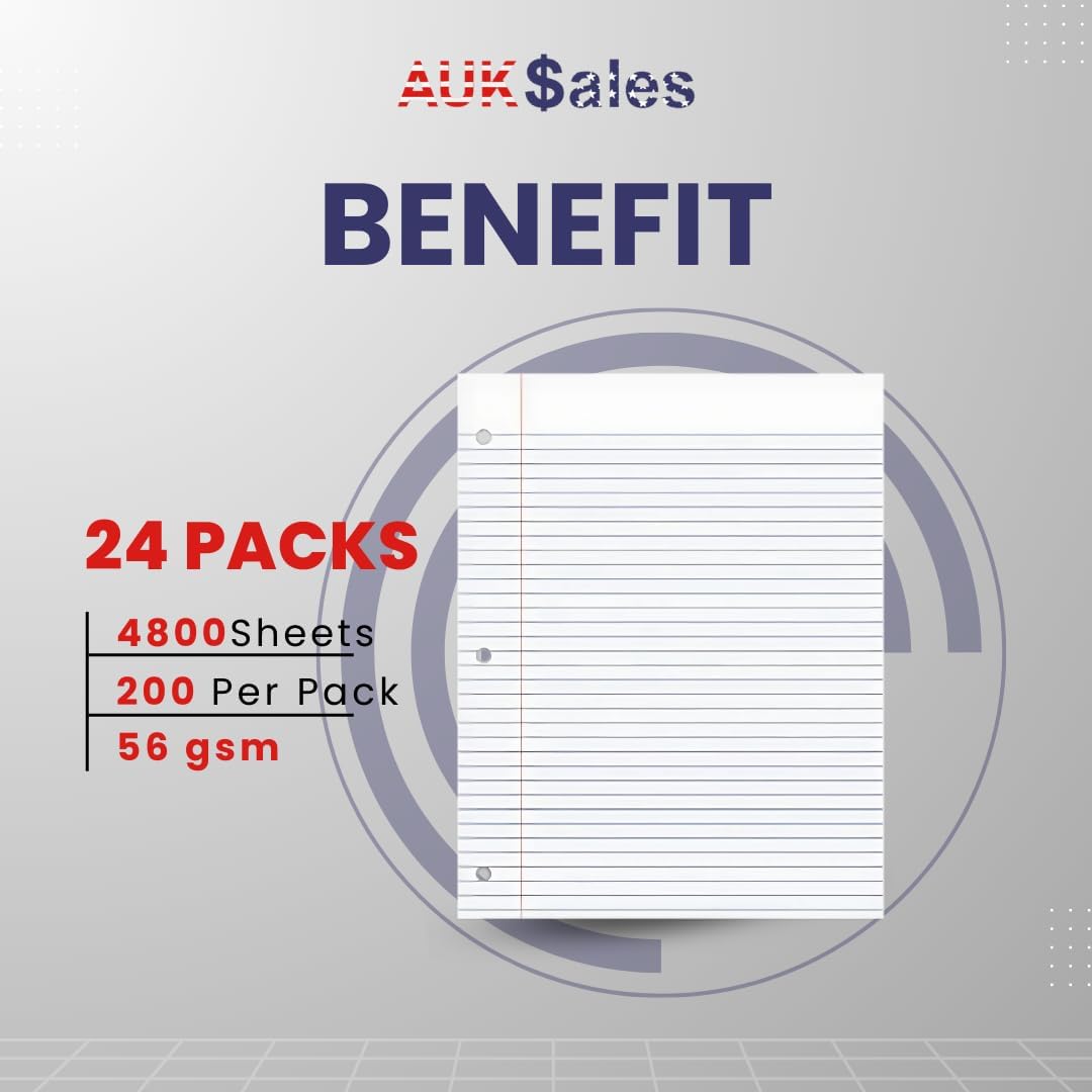 Loose Leaf Paper, Lined Notebook Paper, College Ruled Filler Paper, 200 Sheets, 3-Hole Punched, 10.5” x 8”, Binder Paper for Notetaking, Case Pack of 24