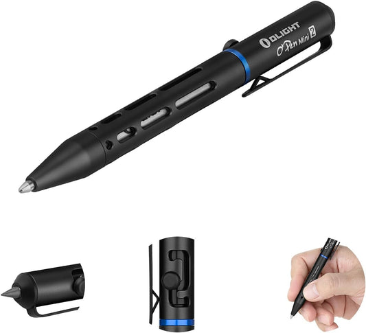 OLIGHT O'Pen Mini 2 Portable Ballpoint Pen, Bolt Action Pen with Pen and Pencil Tip, EDC Replaceable Black Ink Pens with Stainless Steel Pen Clip for Office, Working, Writing (Black)