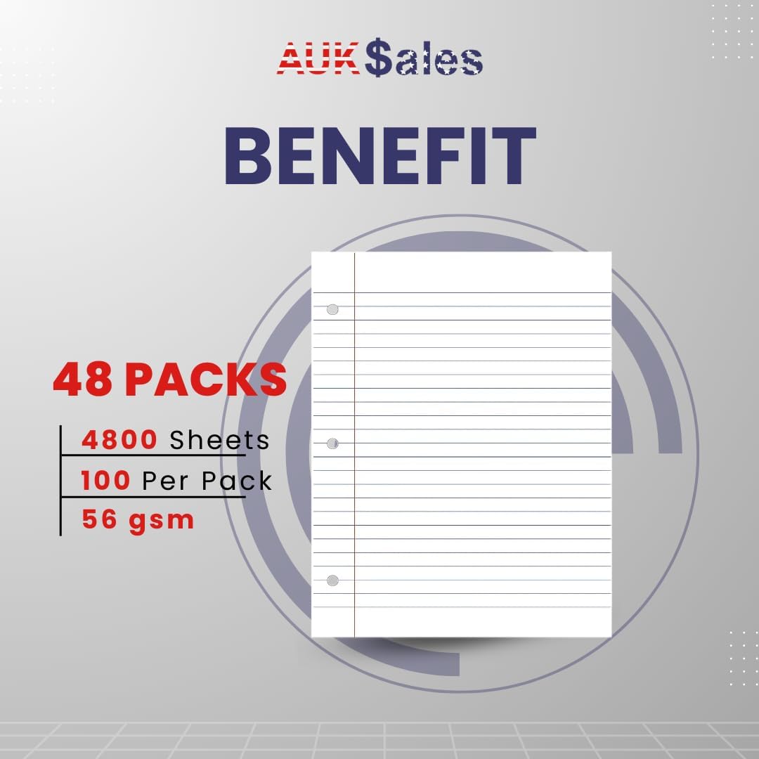 Loose Leaf Paper, Lined Notebook Paper, Wide Ruled Filler Paper, 100 Sheets, 3-Hole Punched, 10.5” x 8”, Binder Paper for Notetaking, Case Pack of 48