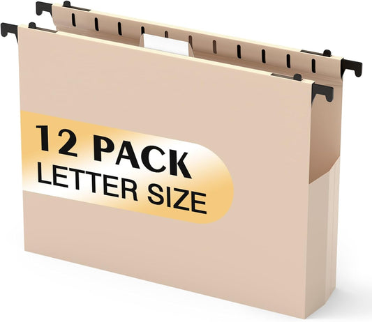 Extra Capacity Plastic Hanging File Folders,12 Pack Reinforced Hang Folder,Heavy Duty 2 Inch Expansion,Filing Cabinet Folders Letter Size for Bulk Files/Medical Charts(Light Beige)