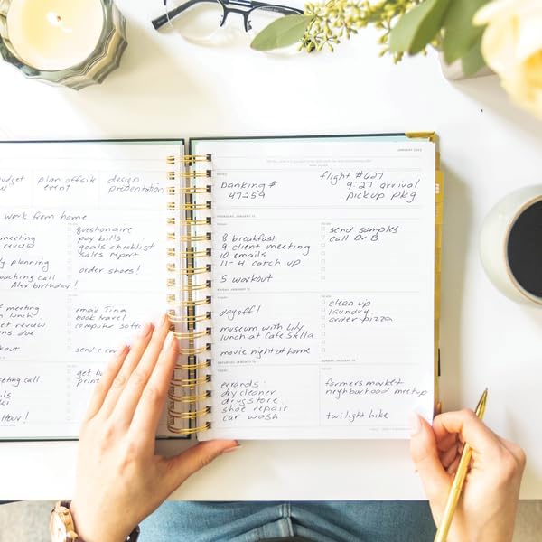 Day Designer 2026 Weekly Planner – Premium Planner for Stylish Organization. Combines Weekly & Monthly Calendars, Daily Schedule, Notes Pages, Goal Setting, Stickers, Pocket & More. Elegant Laminated Cover with Gold Accents (Black Stripe Design - 2026)