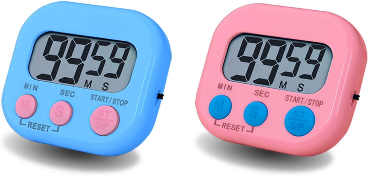 Digital Kitchen Timer, BESTWYA Electronic Timer with Clear LCD Screen Count Up and Down Function 3 Big Buttons On/Off Switch Button (2, Blue & Pink)