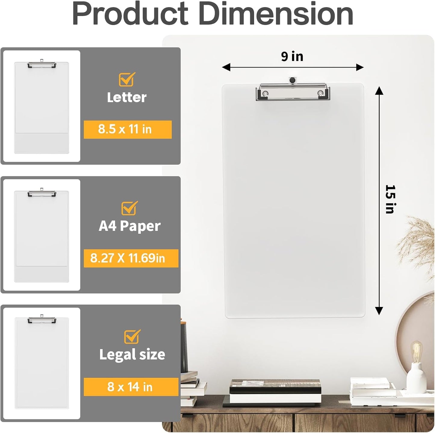 Legal Size Clipboard Set of 6, 8.5 x 14 Clear Plastic Long Clip Board with Low Profile Clip, 9 x 15 in, Suitable for Legal Lawers and Business, School & Office Supplies