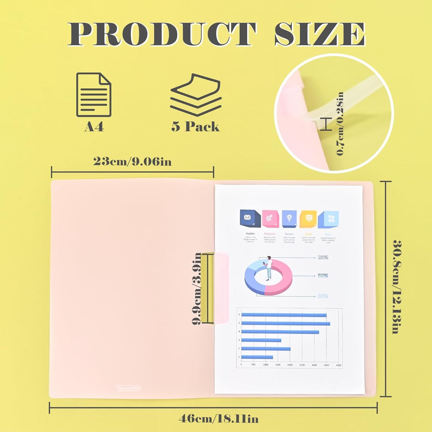 BAYTORY Plastic Folders with Swing Clip, Report Covers for A4 and Letter Size Paper, 5 Pack Presentation Binder for School Business, 30 Sheet Capacity/Pack (Multicolor)