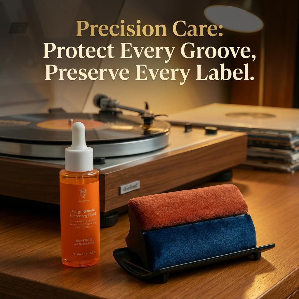 HumminGuru I-Brush Vinyl Record Cleaning Kit, Anti-Static Vinyl Record Cleaner Kit with Dual Velvet Pads Vinyl Record Brush + Alcohol-Free Record Cleaning Solution + LP Brush Holder (Orange: I-Brush)